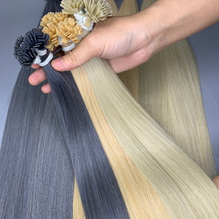 Keratin-tipped Velline extensions held in three natural shades